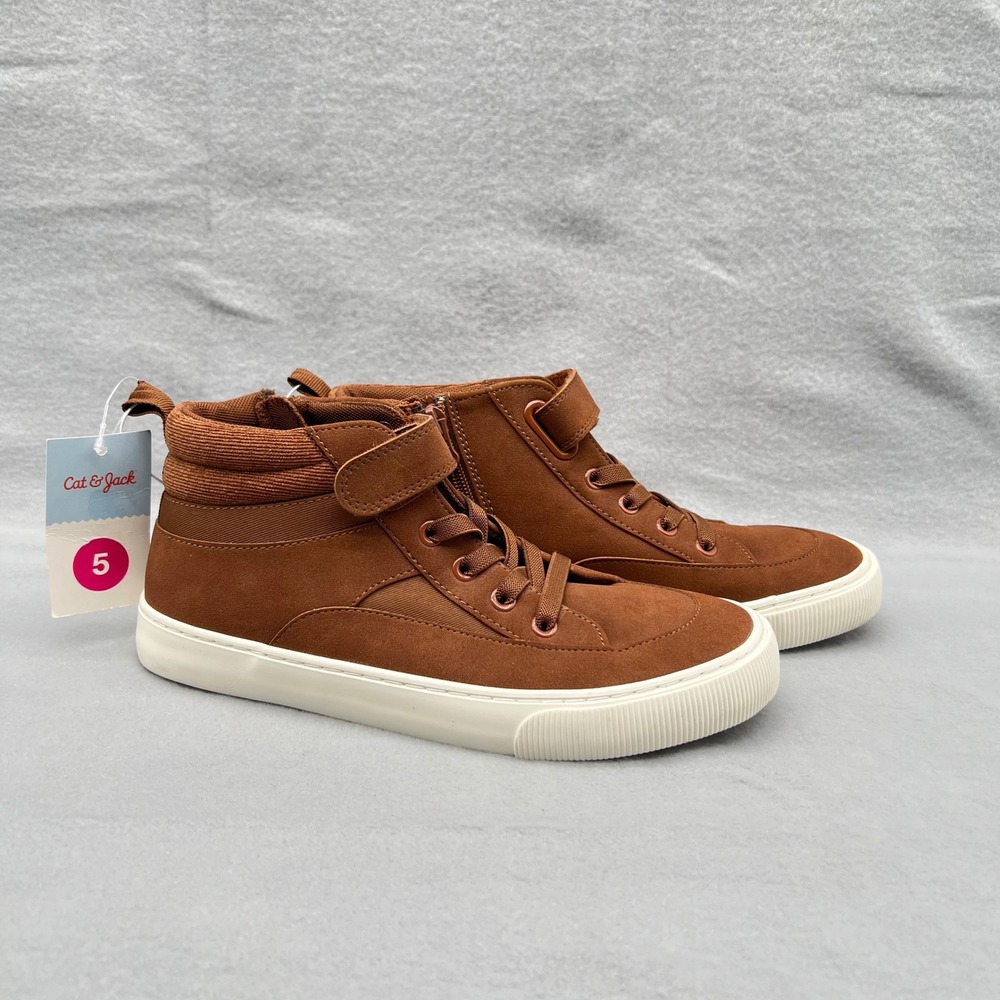 Cat & Jack Kids Brown Faux Suede High Top Sneakers Side Zip Size 5